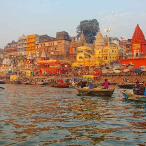 Deepawali Varanasi Ganga Ghats with traditional boats and colorful temples along the River Ganga