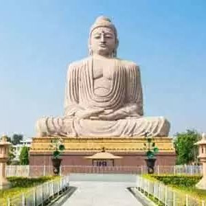 Large seated Buddha statue surrounded by peaceful gardens and Buddhist architecture