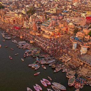 Aerial view of Varanasi Ghats and colorful boats on the Ganga River