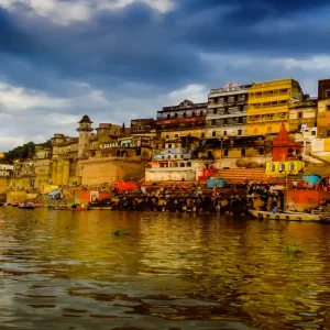 Allahabad Varanasi Ganga Ghats with traditional boats and historic riverside buildings