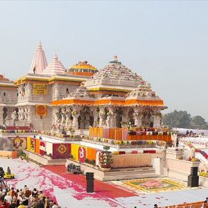 Beautiful view of Ram Mandir Ayodhya decorated with flowers and surrounded by devotees