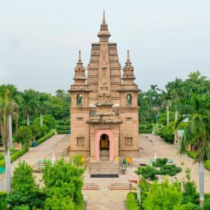 Sarnath Varanasi Buddhist temple surrounded by lush green gardens